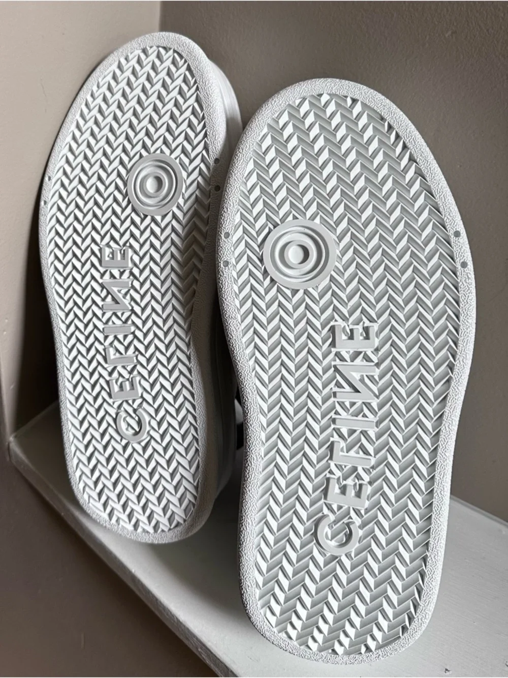 Celine White Leather Platform Slip-On with Black Logo Heel Strap